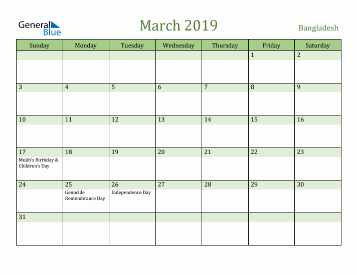 March 2019 Calendar with Bangladesh Holidays