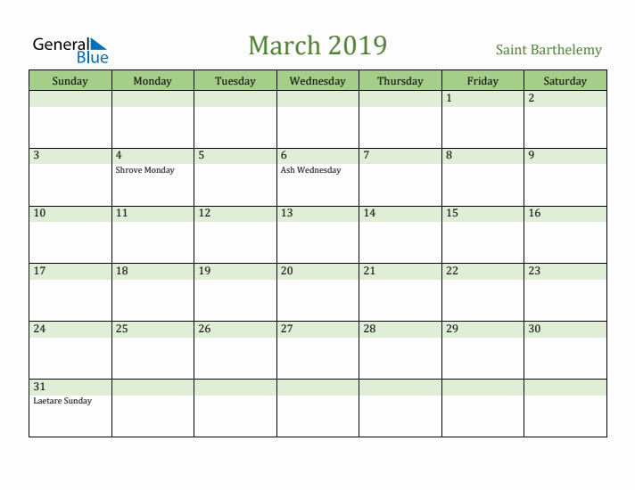 March 2019 Calendar with Saint Barthelemy Holidays