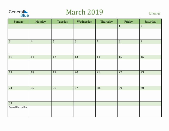 March 2019 Calendar with Brunei Holidays