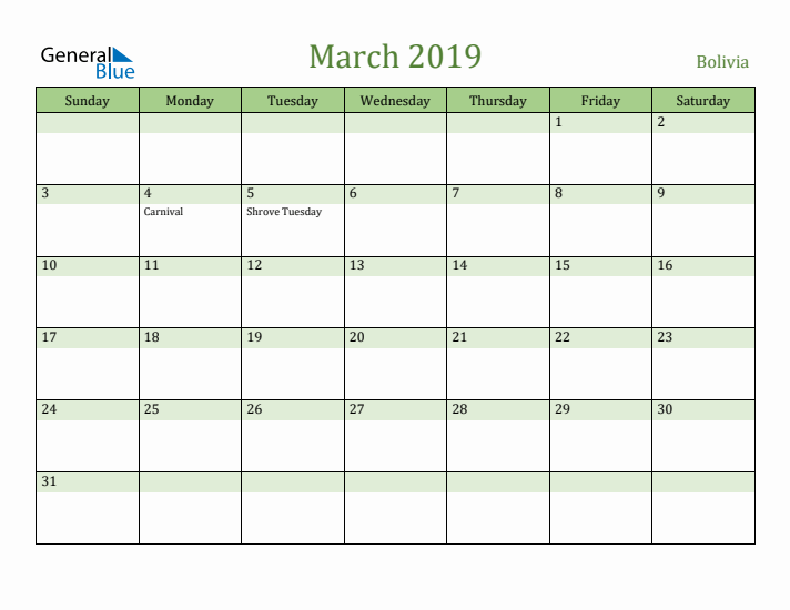 March 2019 Calendar with Bolivia Holidays