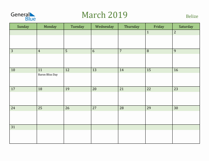 March 2019 Calendar with Belize Holidays