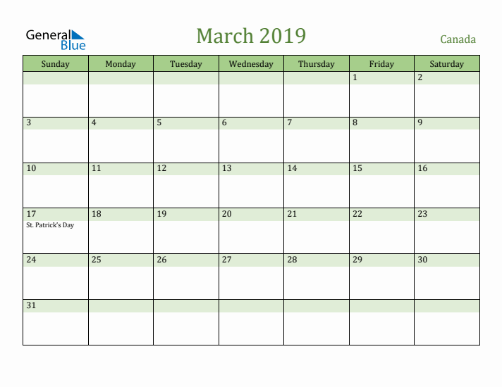March 2019 Calendar with Canada Holidays