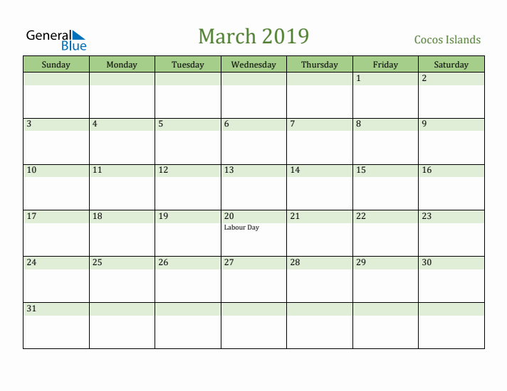 March 2019 Calendar with Cocos Islands Holidays