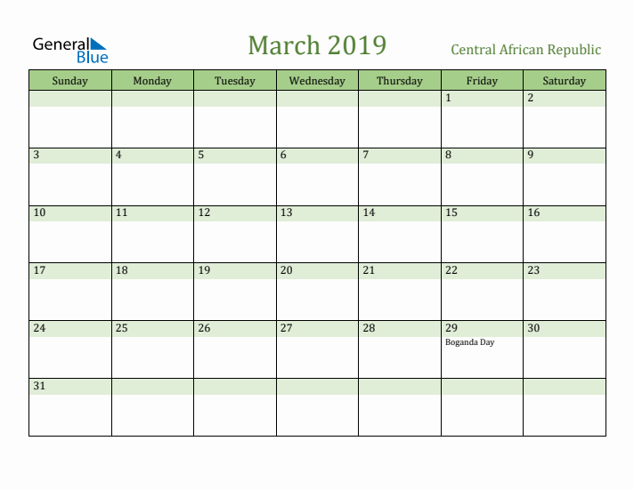 March 2019 Calendar with Central African Republic Holidays