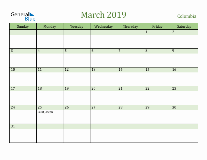 March 2019 Calendar with Colombia Holidays