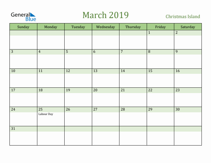 March 2019 Calendar with Christmas Island Holidays