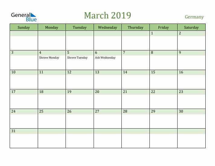 March 2019 Calendar with Germany Holidays