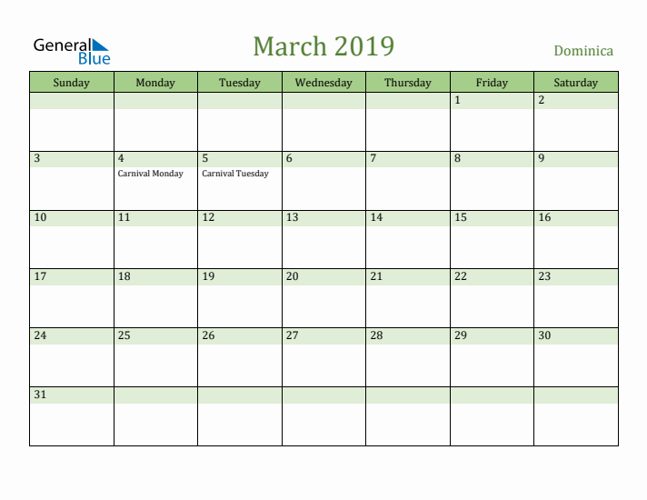 March 2019 Calendar with Dominica Holidays