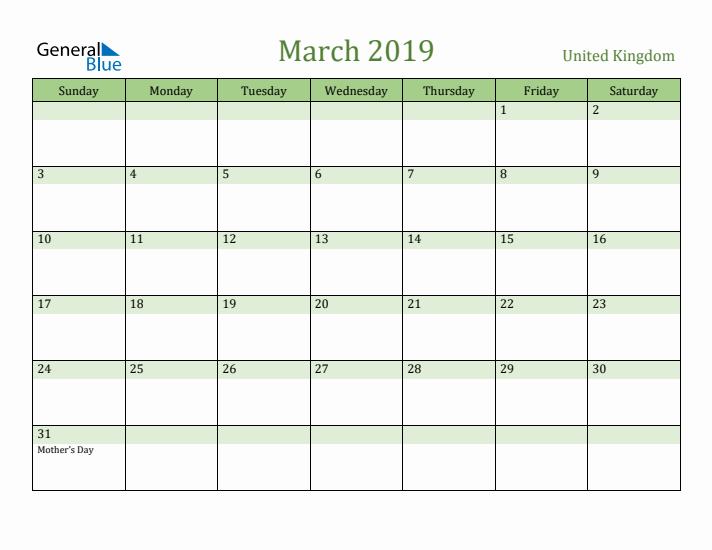 March 2019 Calendar with United Kingdom Holidays