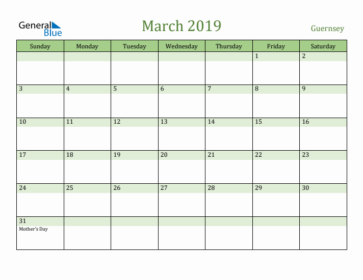 March 2019 Calendar with Guernsey Holidays