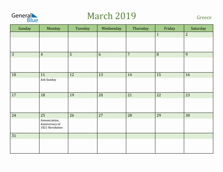 March 2019 Calendar with Greece Holidays