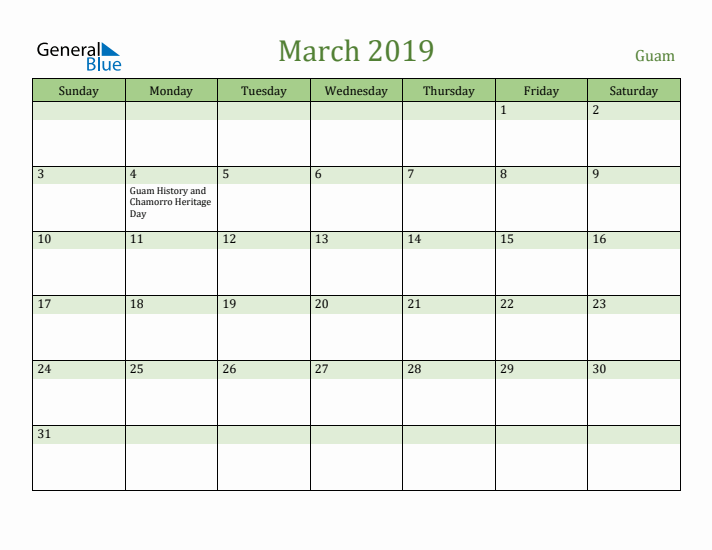 March 2019 Calendar with Guam Holidays