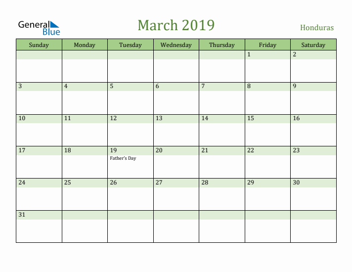 March 2019 Calendar with Honduras Holidays