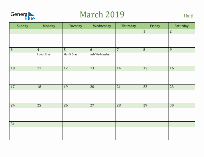March 2019 Calendar with Haiti Holidays