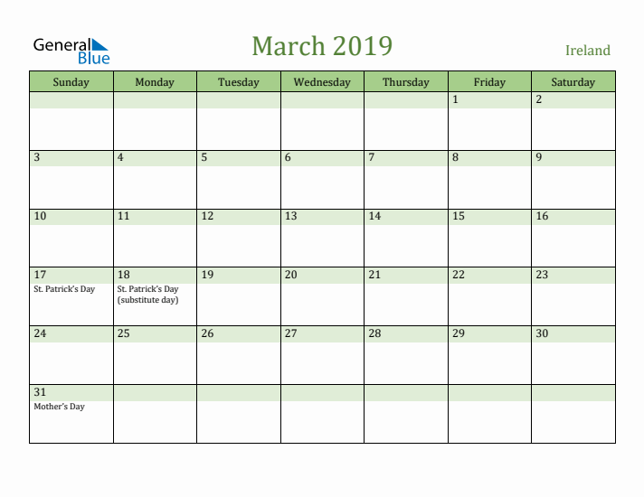 March 2019 Calendar with Ireland Holidays