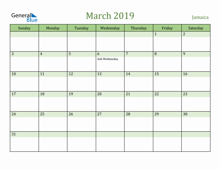 March 2019 Calendar with Jamaica Holidays