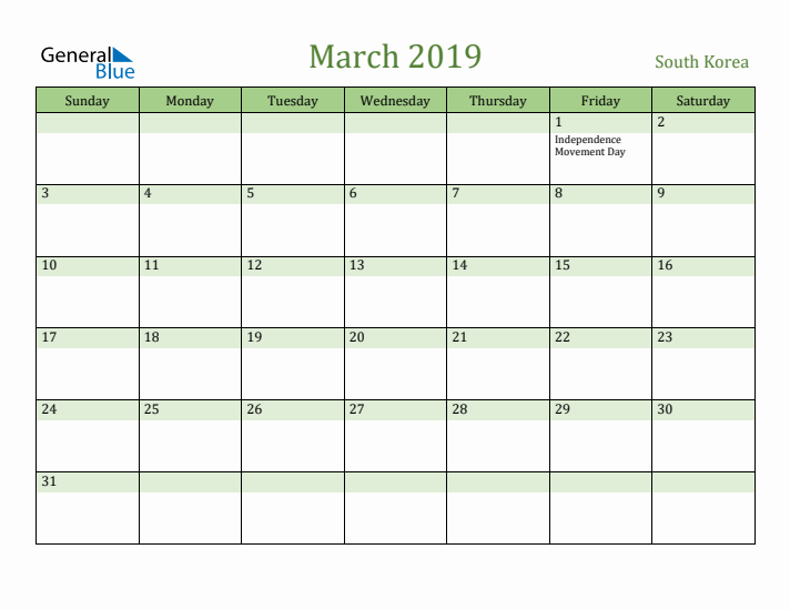 March 2019 Calendar with South Korea Holidays