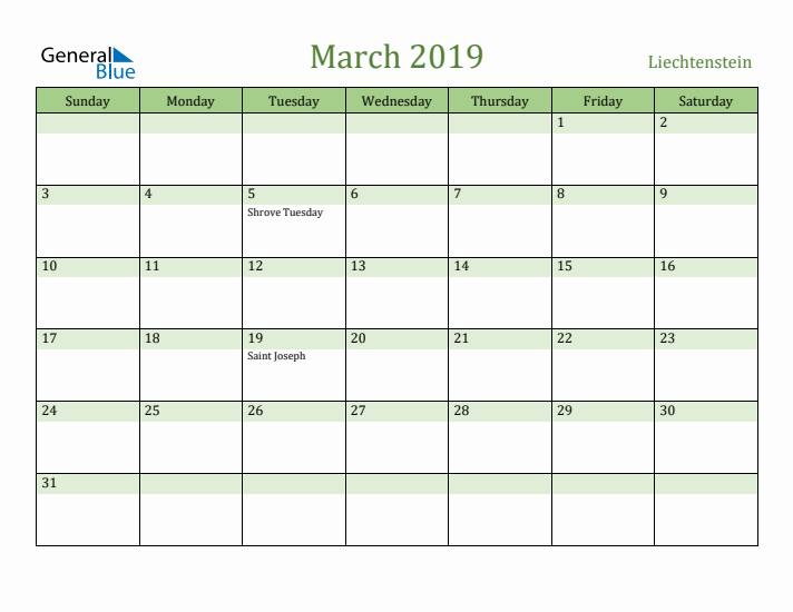 March 2019 Calendar with Liechtenstein Holidays