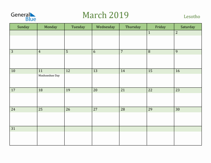 March 2019 Calendar with Lesotho Holidays