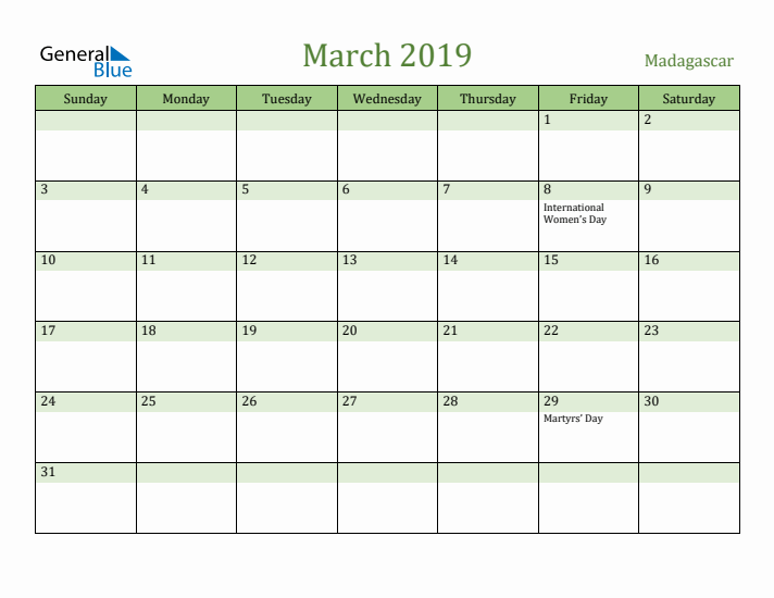 March 2019 Calendar with Madagascar Holidays