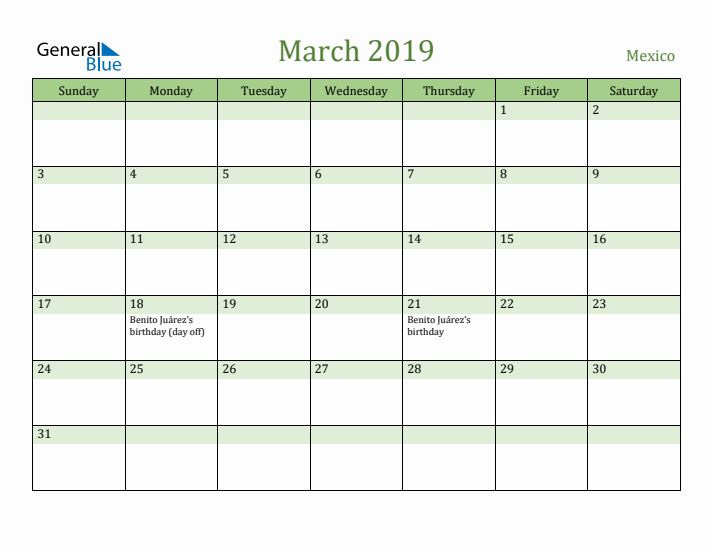 March 2019 Calendar with Mexico Holidays