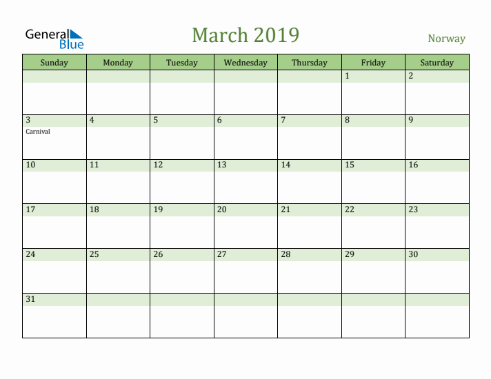 March 2019 Calendar with Norway Holidays