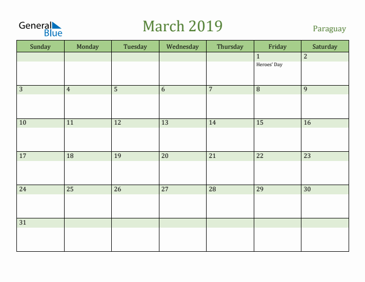 March 2019 Calendar with Paraguay Holidays