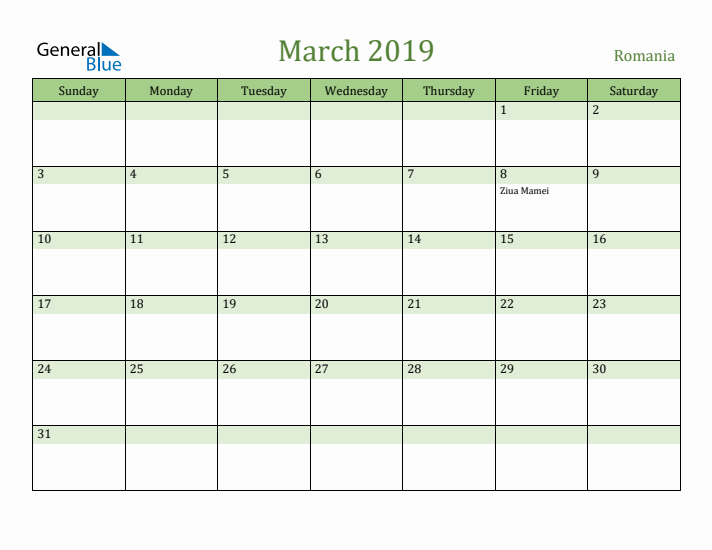 March 2019 Calendar with Romania Holidays