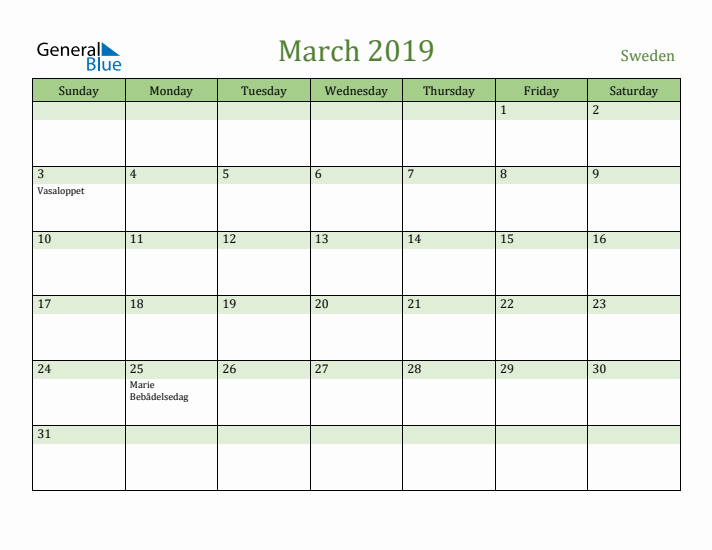 March 2019 Calendar with Sweden Holidays