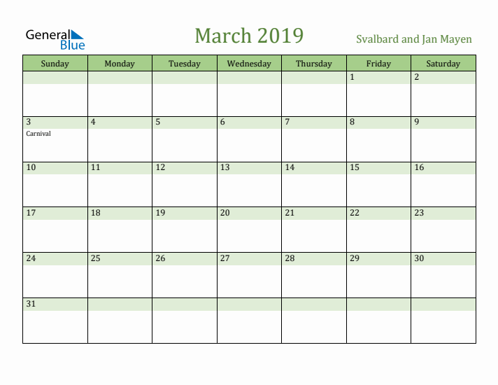 March 2019 Calendar with Svalbard and Jan Mayen Holidays