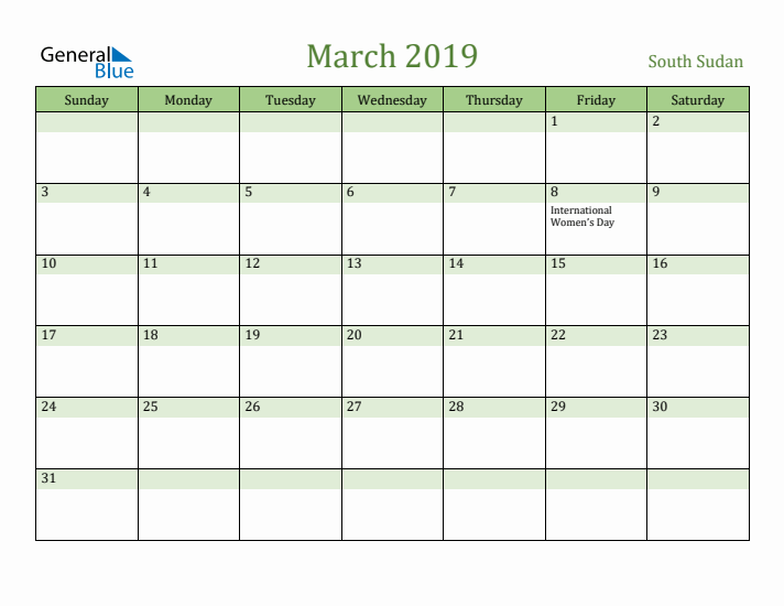 March 2019 Calendar with South Sudan Holidays