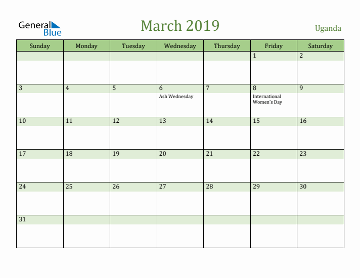 March 2019 Calendar with Uganda Holidays