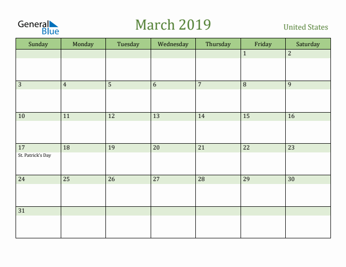 March 2019 Calendar with United States Holidays