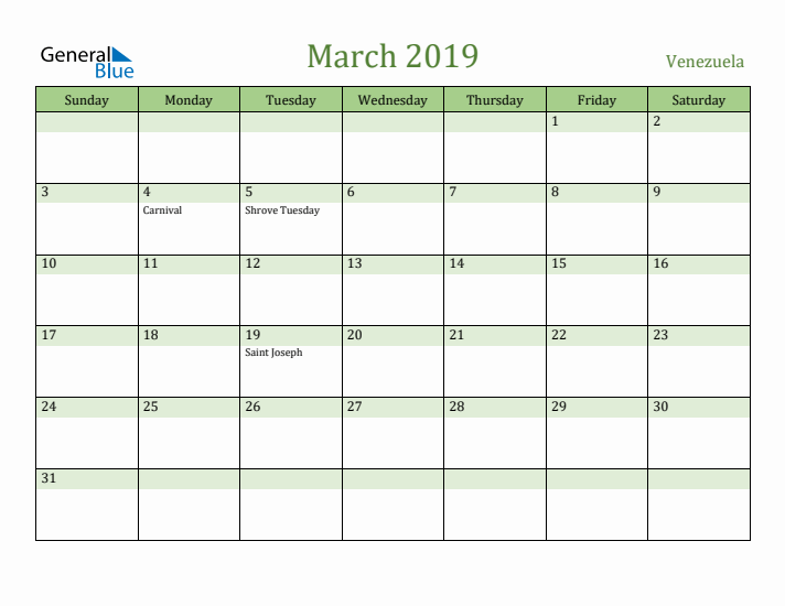 March 2019 Calendar with Venezuela Holidays