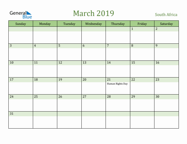 March 2019 Calendar with South Africa Holidays