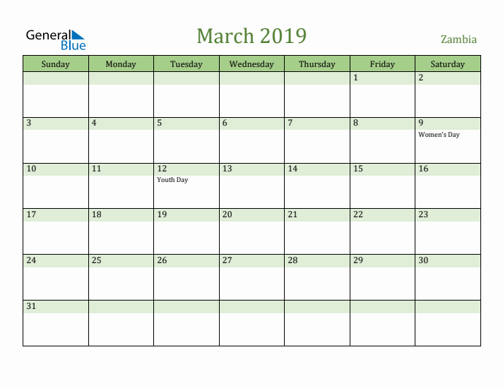 March 2019 Calendar with Zambia Holidays