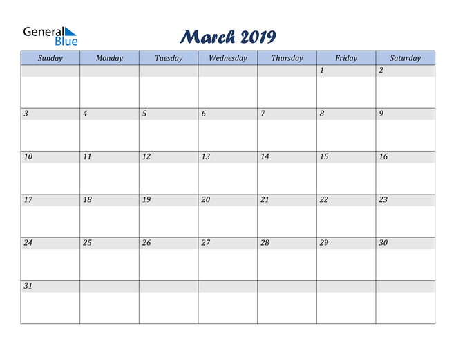  March 2019 Blue Calendar