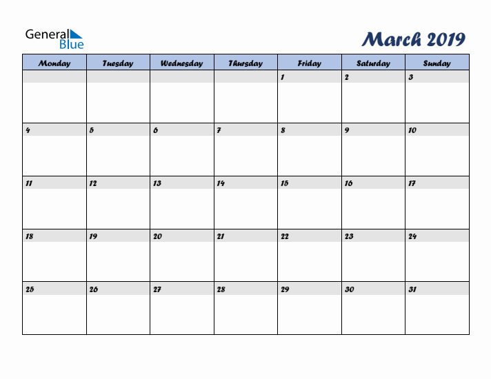 March 2019 Blue Calendar (Monday Start)