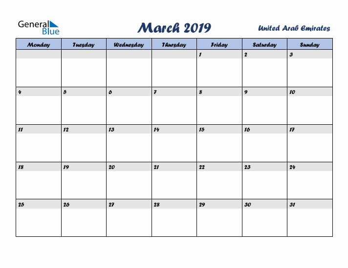 March 2019 Calendar with Holidays in United Arab Emirates