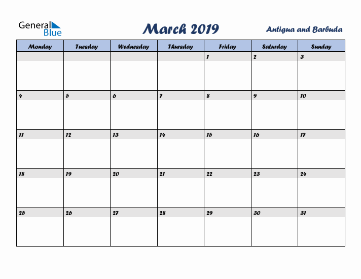 March 2019 Calendar with Holidays in Antigua and Barbuda