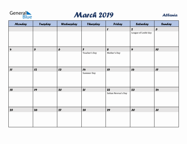 March 2019 Calendar with Holidays in Albania
