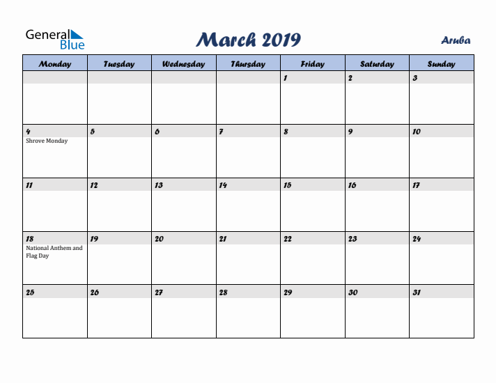 March 2019 Calendar with Holidays in Aruba