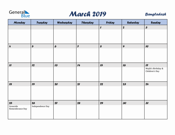 March 2019 Calendar with Holidays in Bangladesh