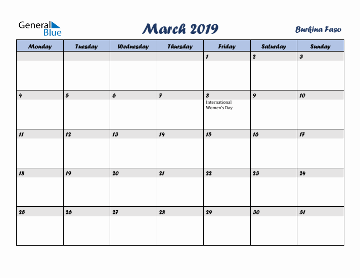 March 2019 Calendar with Holidays in Burkina Faso