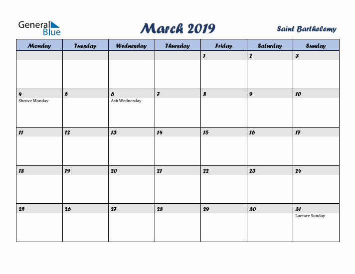 March 2019 Calendar with Holidays in Saint Barthelemy