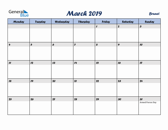 March 2019 Calendar with Holidays in Brunei