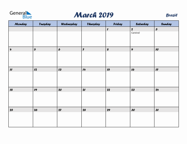 March 2019 Calendar with Holidays in Brazil