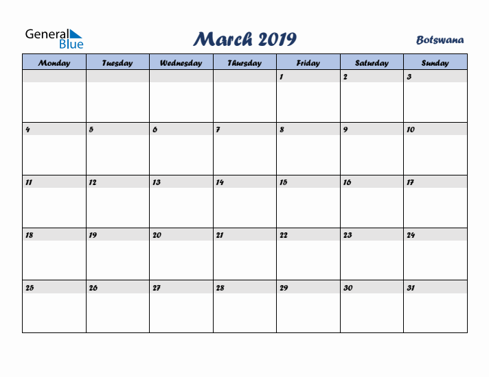 March 2019 Calendar with Holidays in Botswana