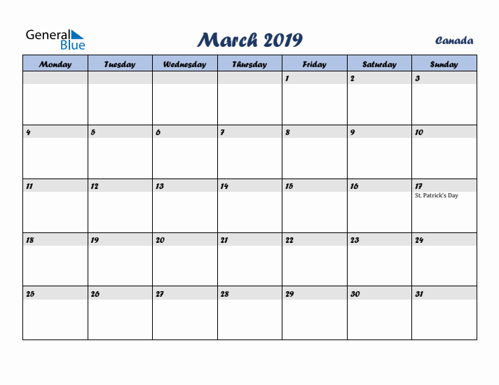 March 2019 Calendar with Holidays in Canada