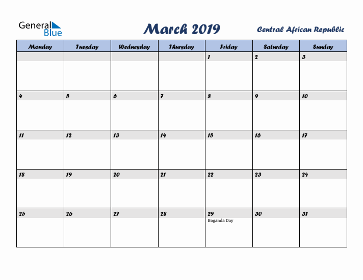 March 2019 Calendar with Holidays in Central African Republic